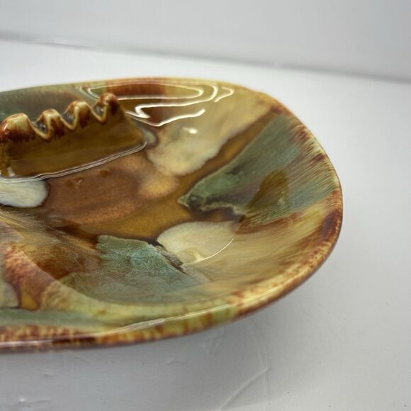 Vintage MCM Dryden Pottery Ozark Frontier Ashtray Brown Blue Drip Glaze 9.5” - Picture 3 of 12